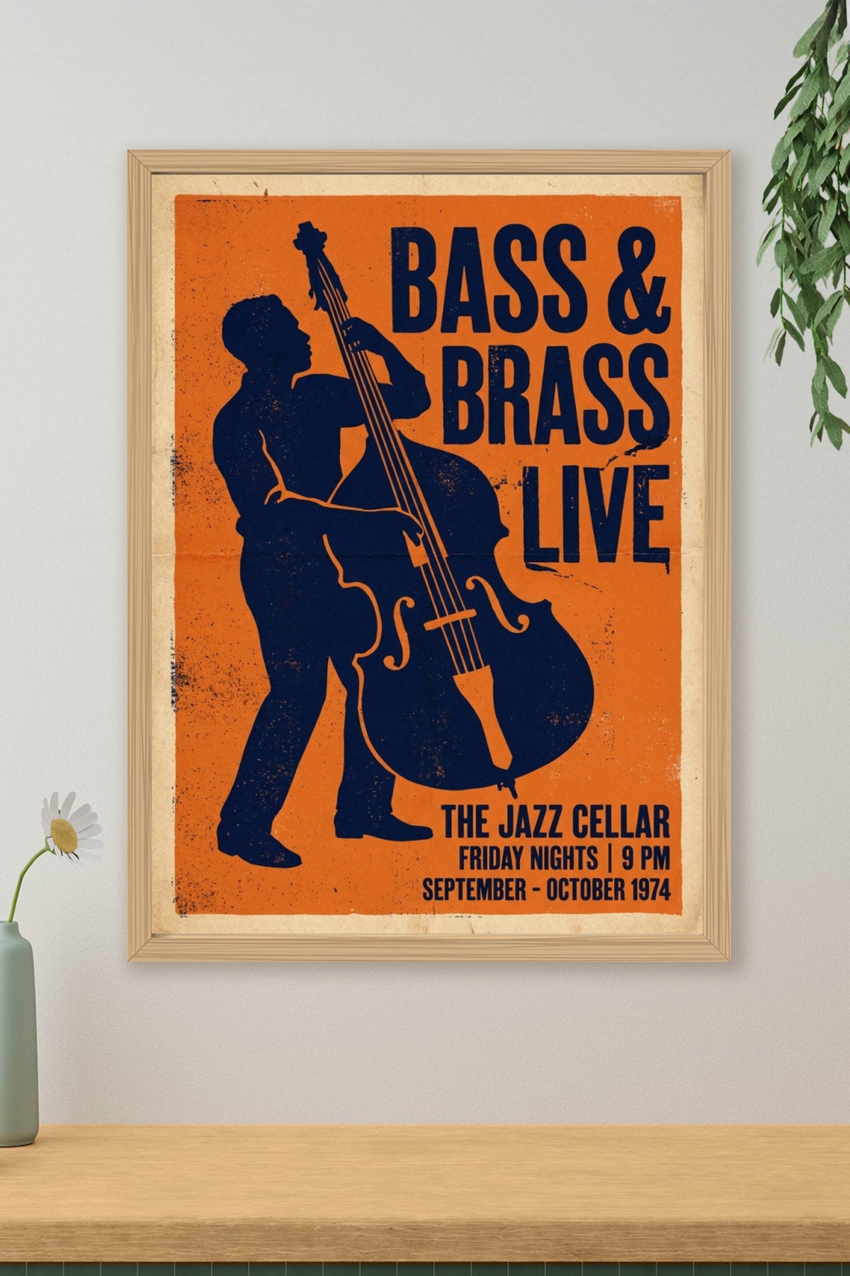 Poster Jazz vintage, silhouette contrebasse pour salon