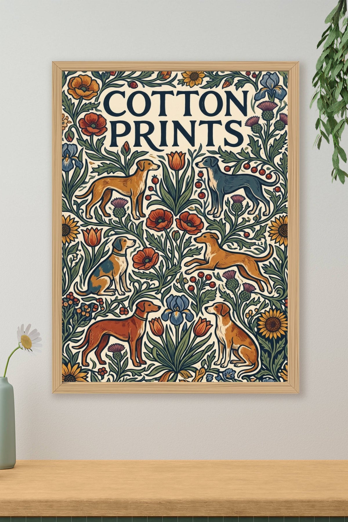Poster chiens et fleurs vintage, motif floral botanique