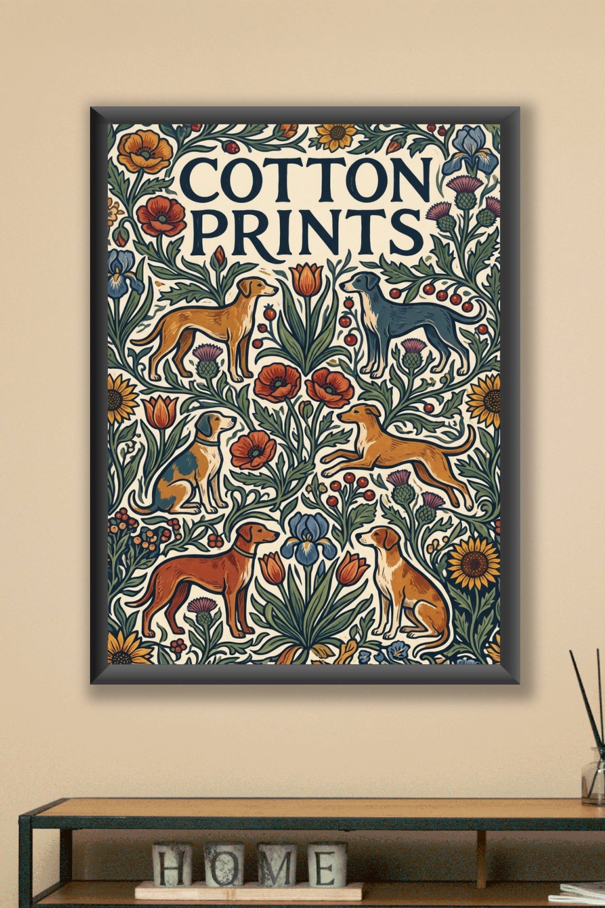 Poster chiens et fleurs vintage, motif floral botanique