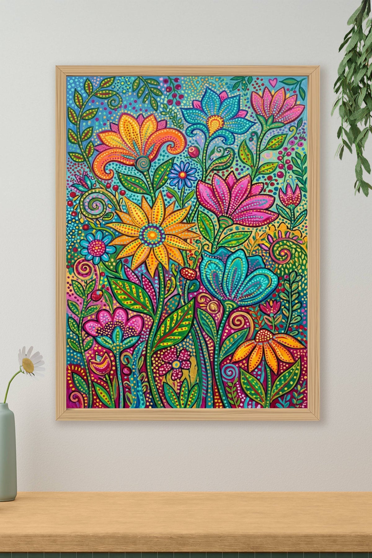 Poster fleurs colorées, affiche botanique motifs à pois