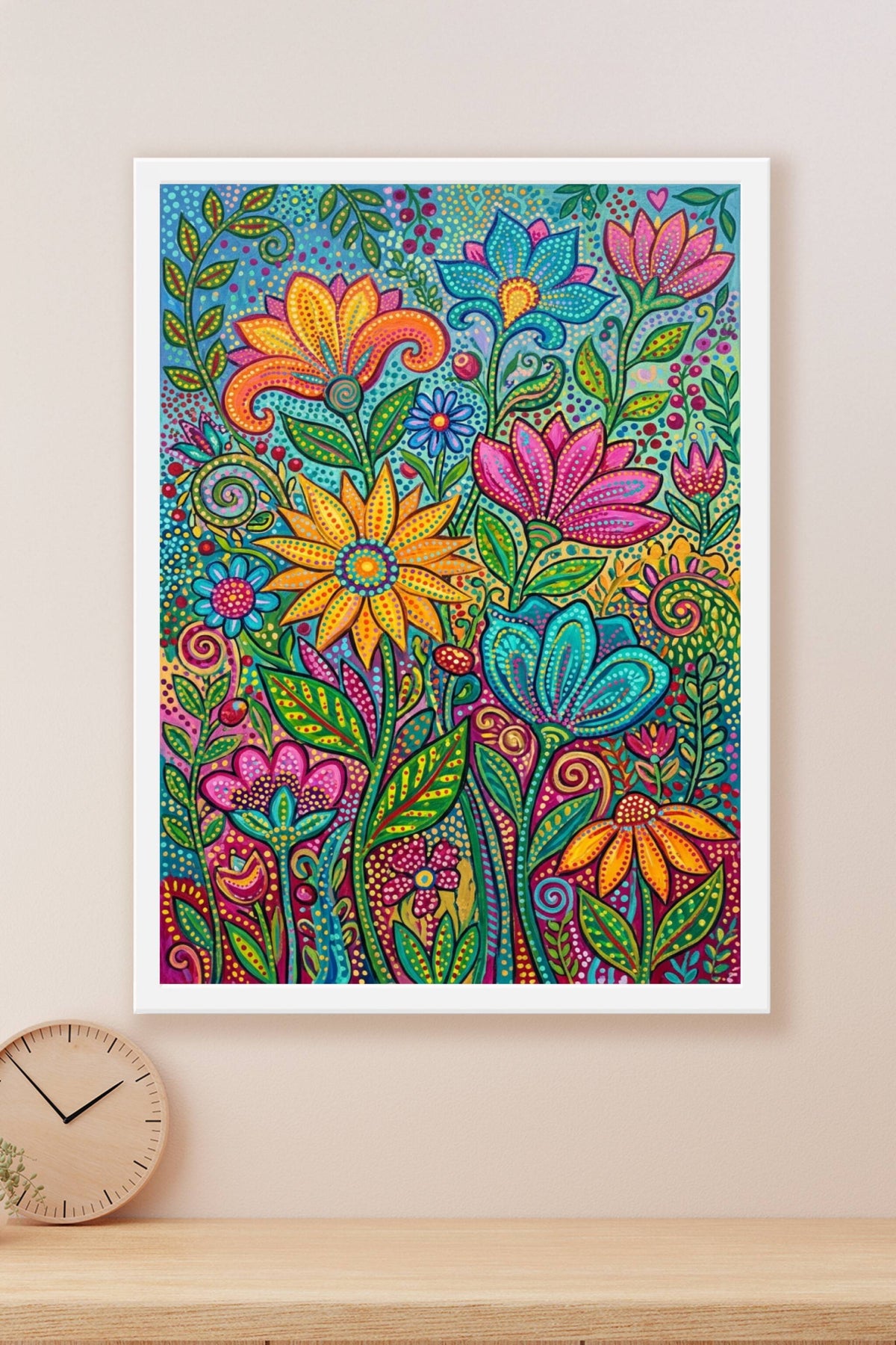Poster fleurs colorées, affiche botanique motifs à pois