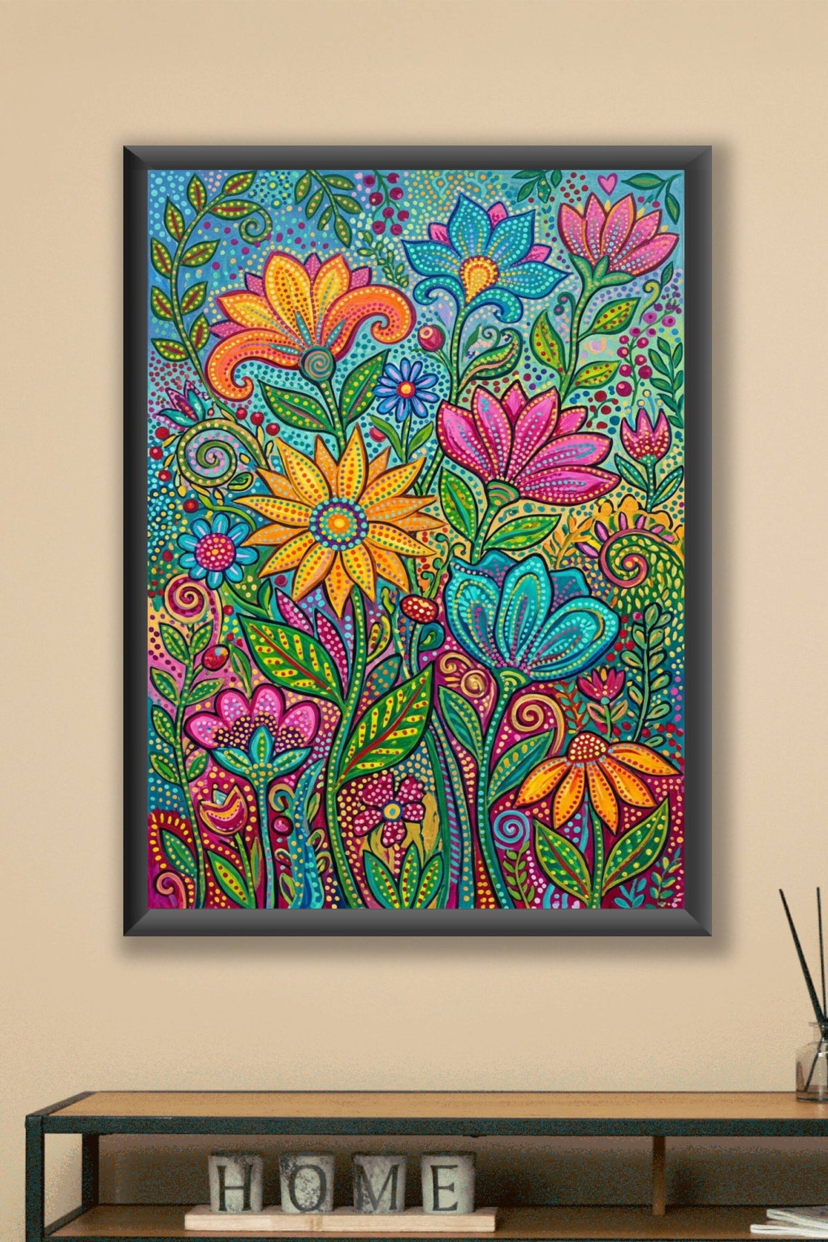 Poster fleurs colorées, affiche botanique motifs à pois