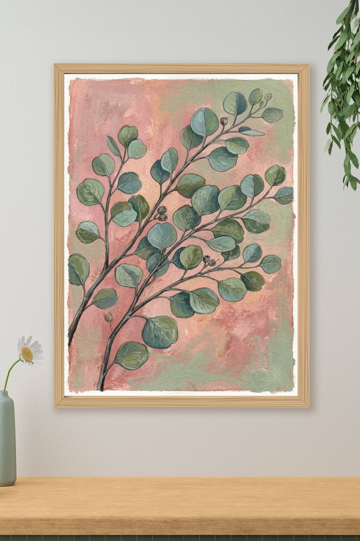 Poster d'Eucalyptus botanique, affiche fond vieux rose