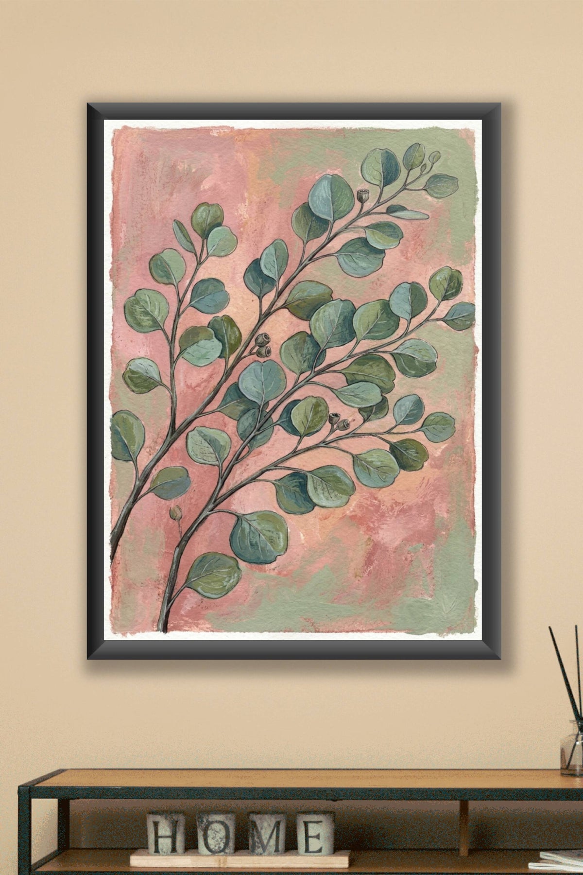 Poster d'Eucalyptus botanique, affiche fond vieux rose