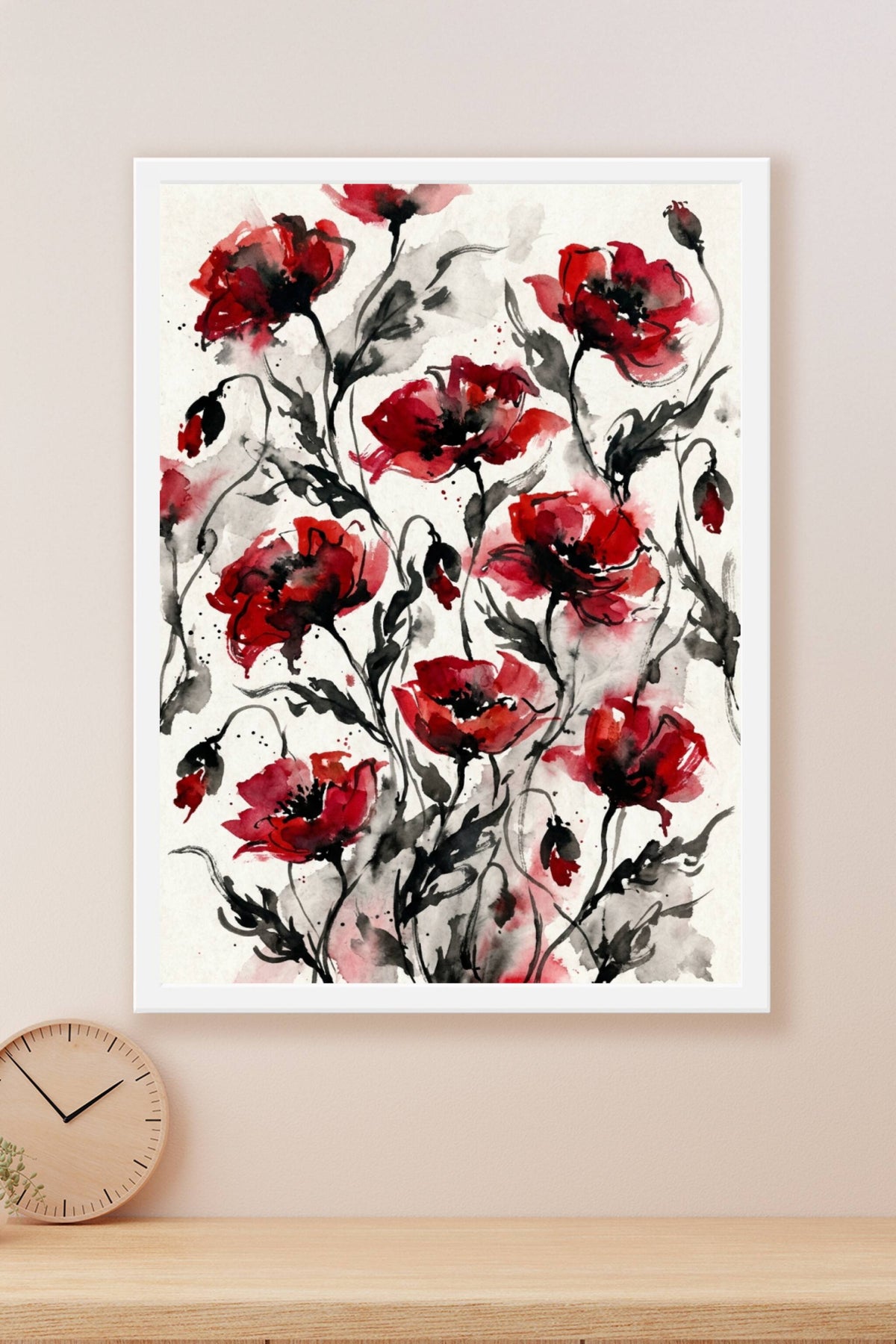 Poster de Coquelicots, illustration aquarelle rouge