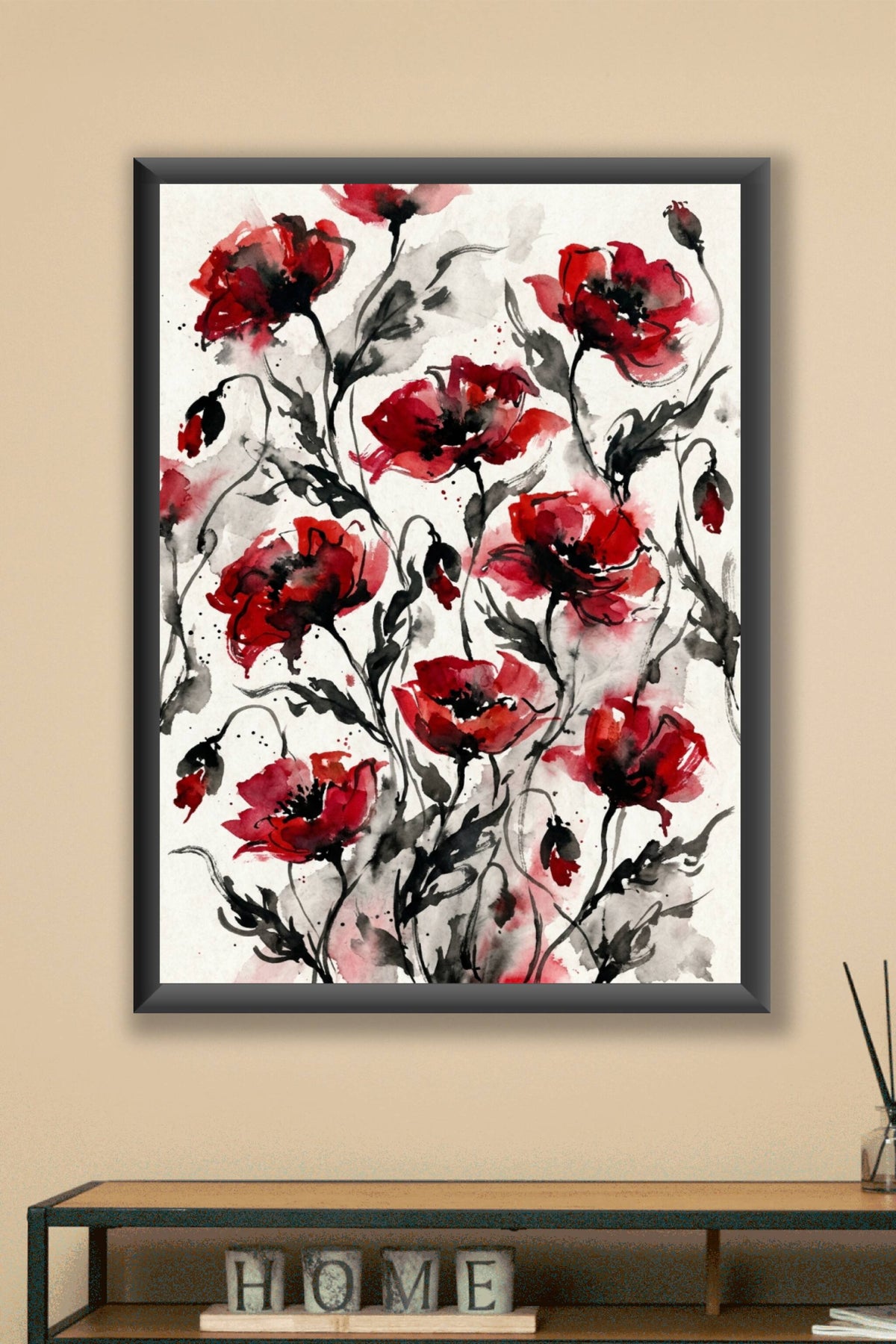 Poster de Coquelicots, illustration aquarelle rouge