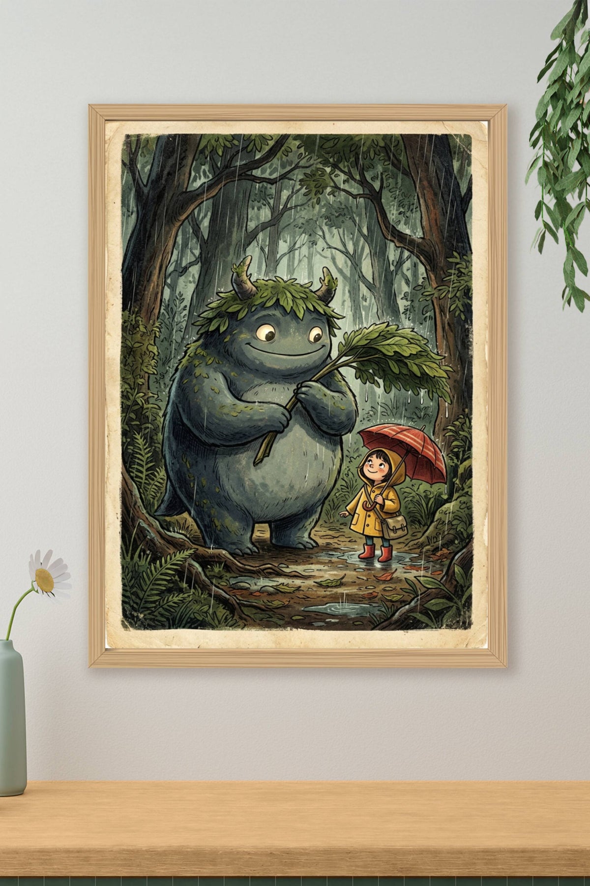 Affiche monstre de la forêt, poster enfant sous la pluie