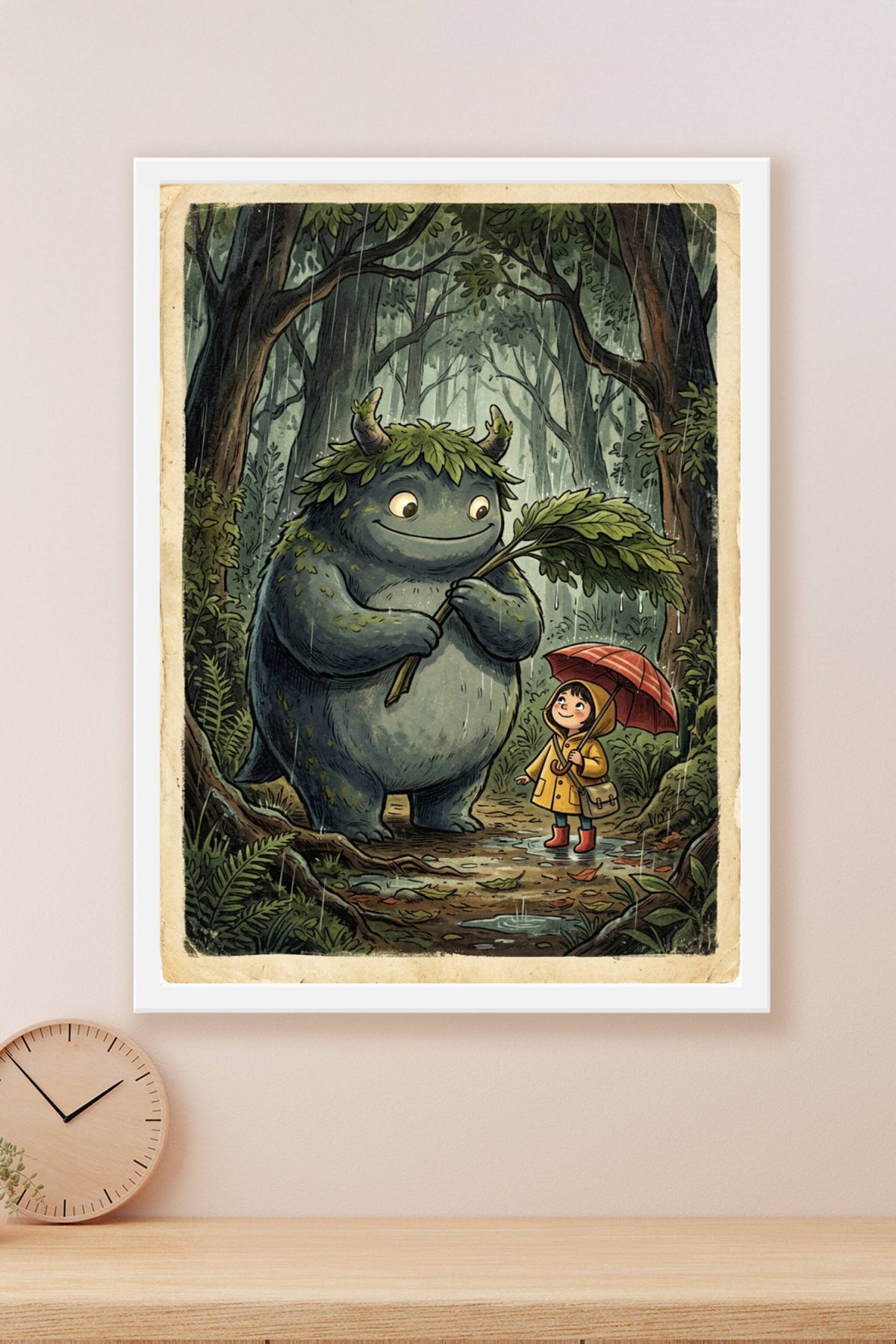 Affiche monstre de la forêt, poster enfant sous la pluie