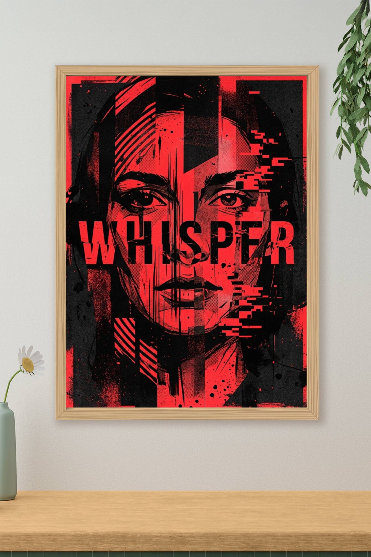 Affiche Whisper, poster moderne glitch art rouge et noir