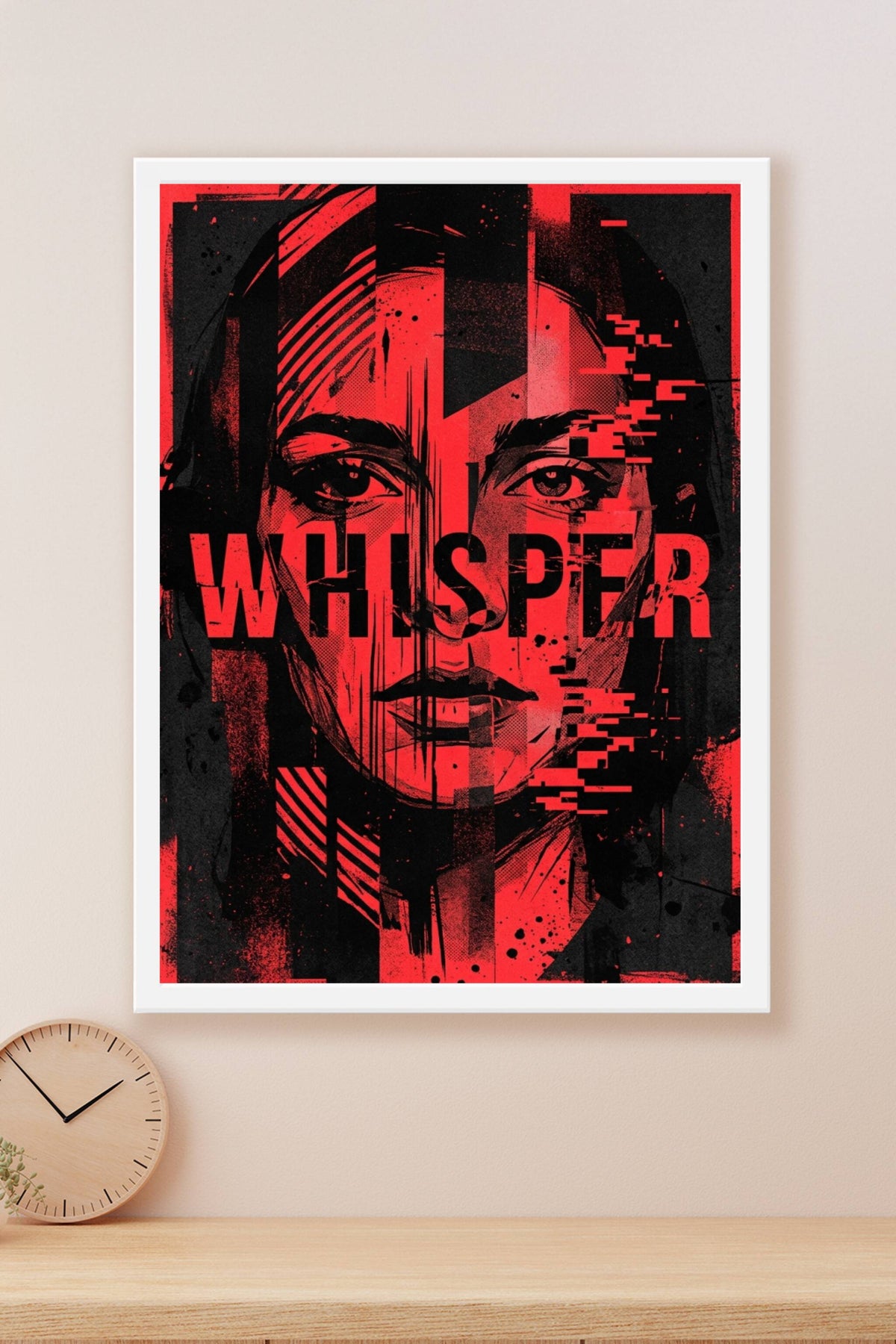 Affiche Whisper, poster moderne glitch art rouge et noir
