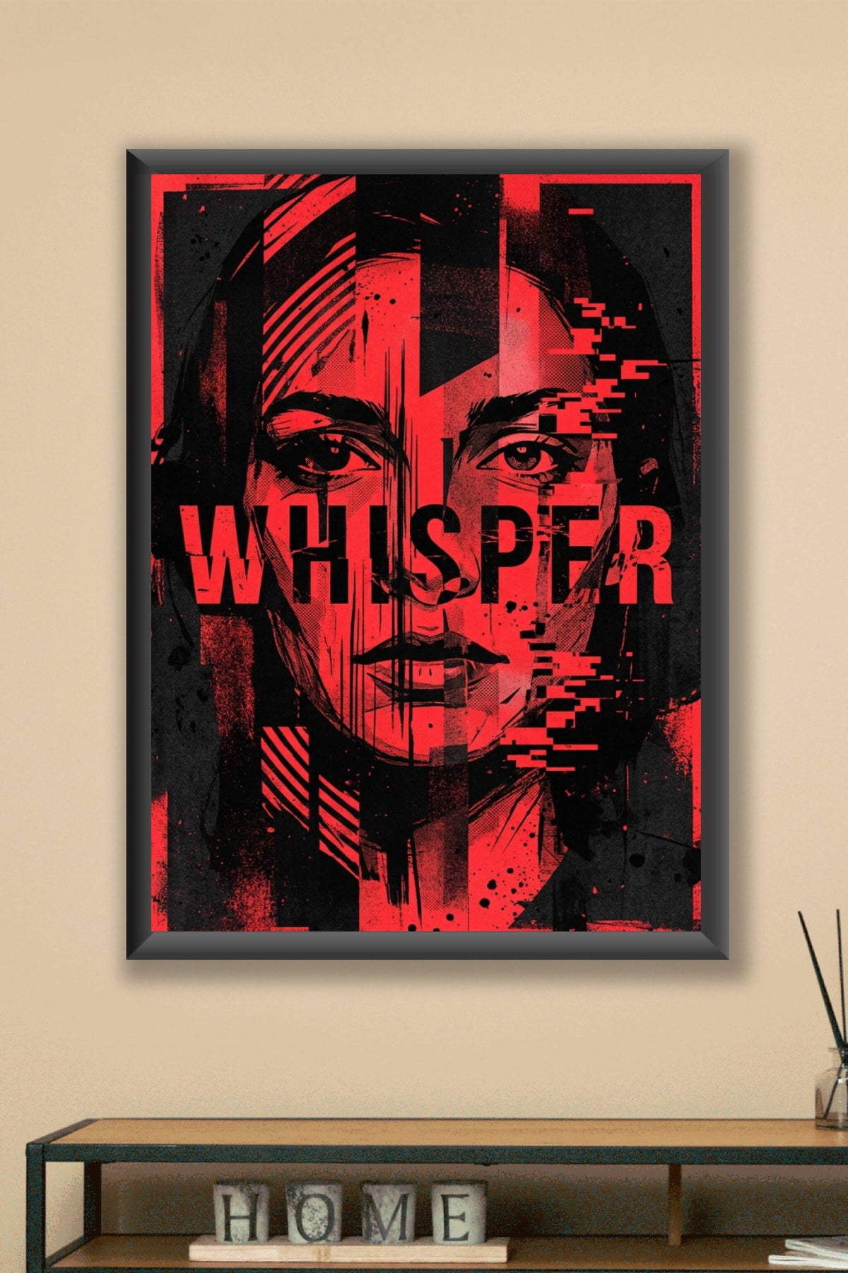 Affiche Whisper, poster moderne glitch art rouge et noir
