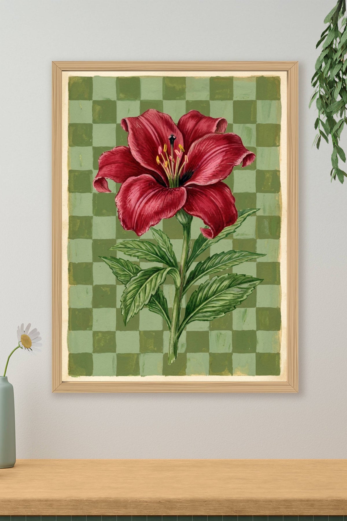 Poster Lys rouge, affiche botanique damier vert