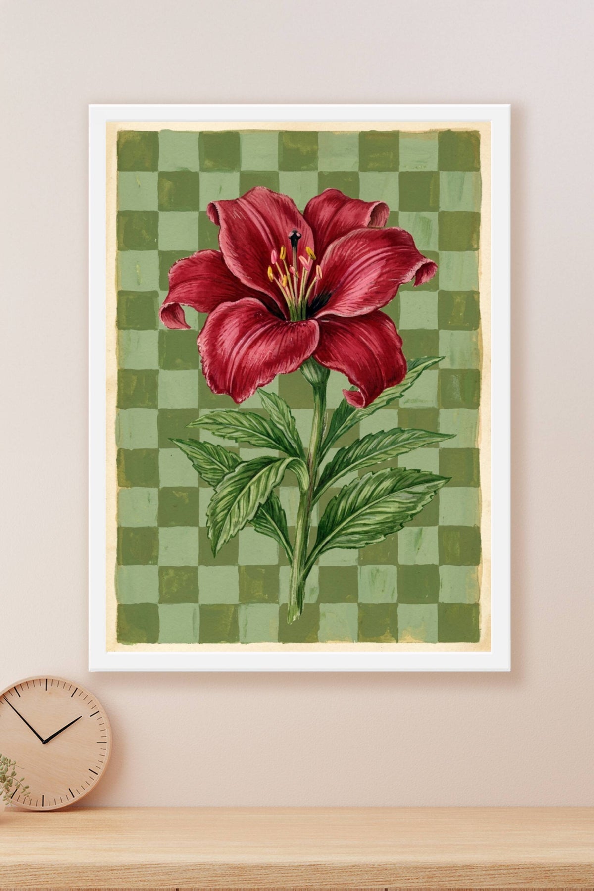 Poster Lys rouge, affiche botanique damier vert