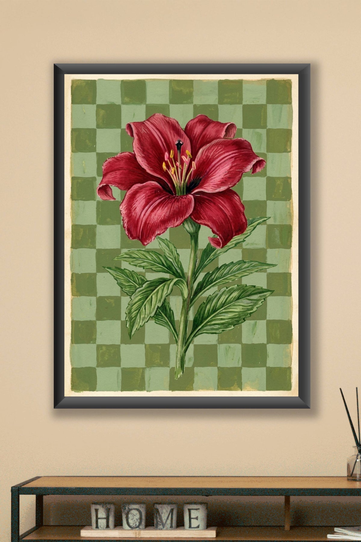Poster Lys rouge, affiche botanique damier vert