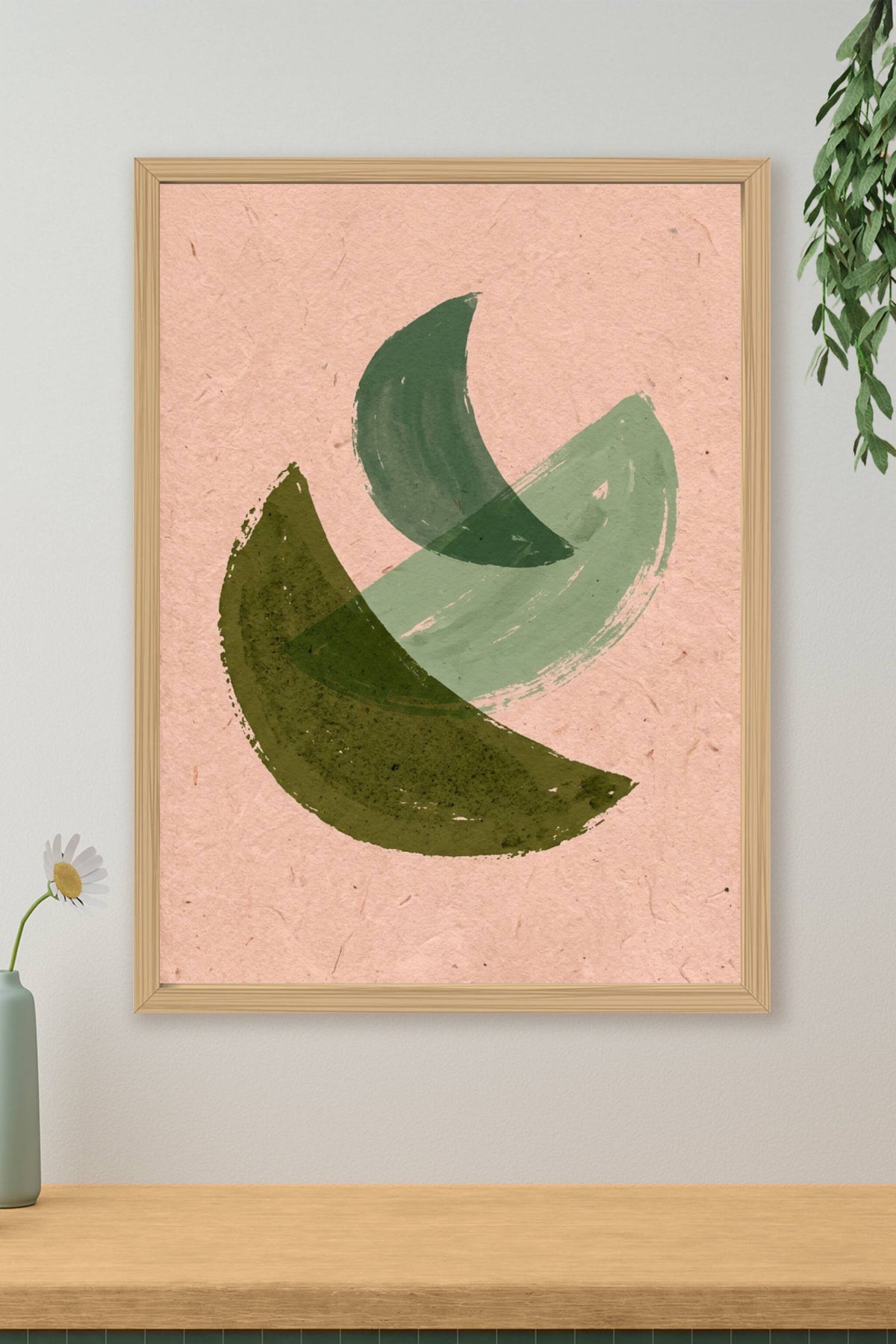 Poster Art abstrait vert, formes graphiques sur fond rose