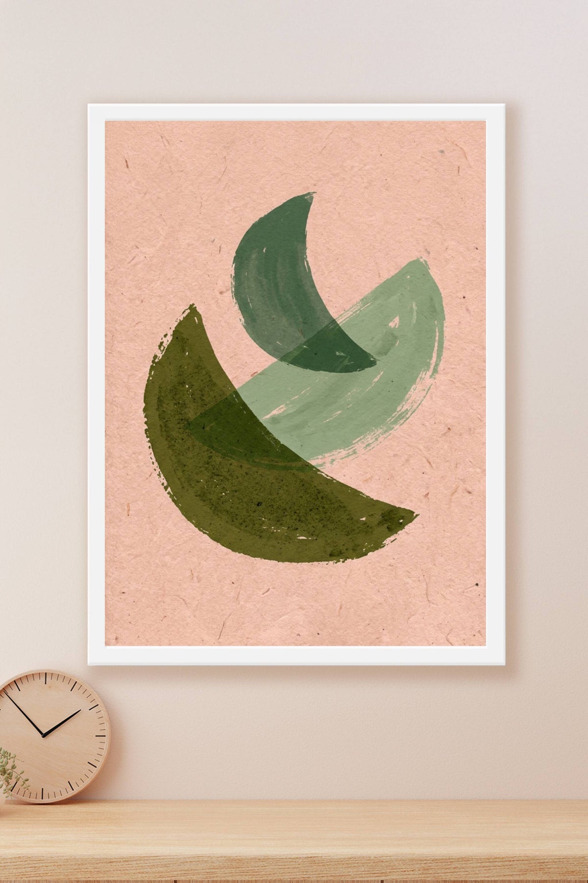 Poster Art abstrait vert, formes graphiques sur fond rose