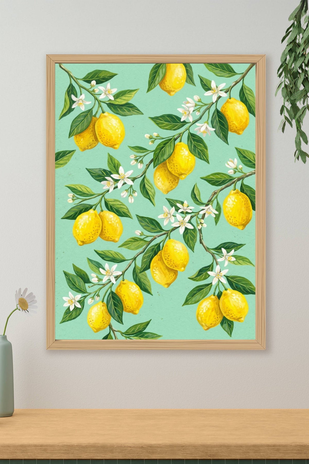 Poster Citrons, affiche décoration murale fond vert menthe