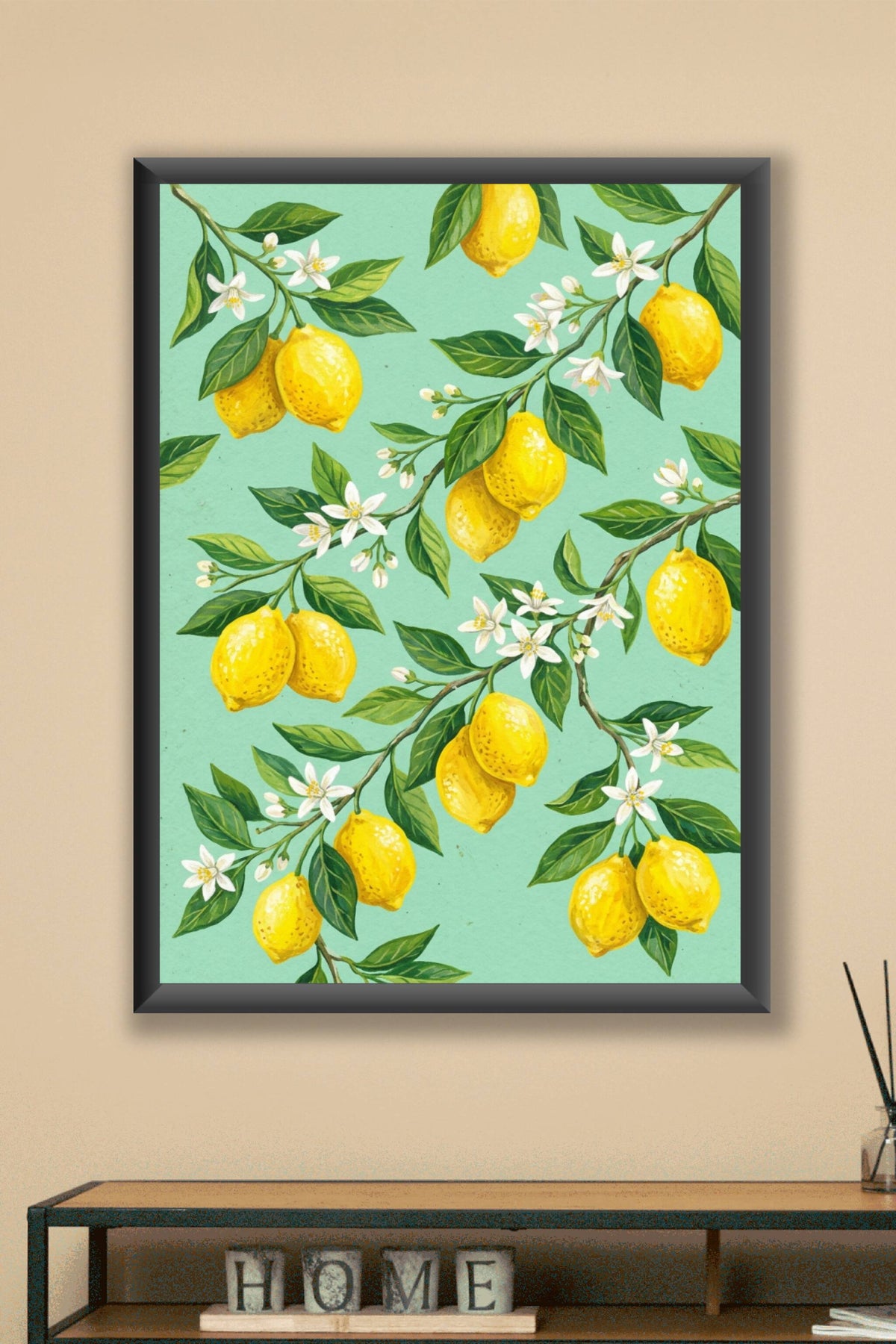 Poster Citrons, affiche décoration murale fond vert menthe