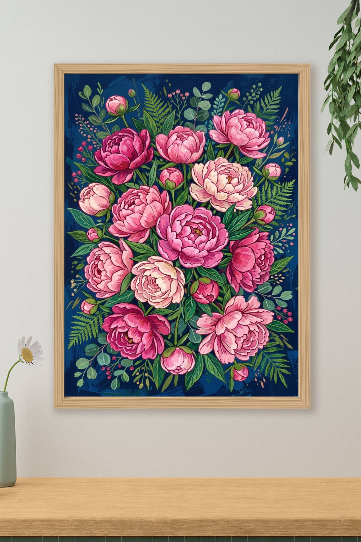 Affiche de pivoines roses, poster fond bleu marine