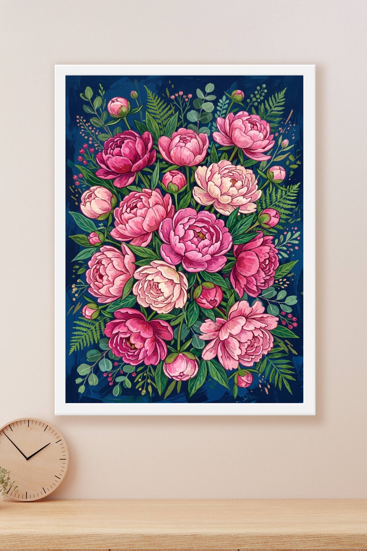Affiche de pivoines roses, poster fond bleu marine