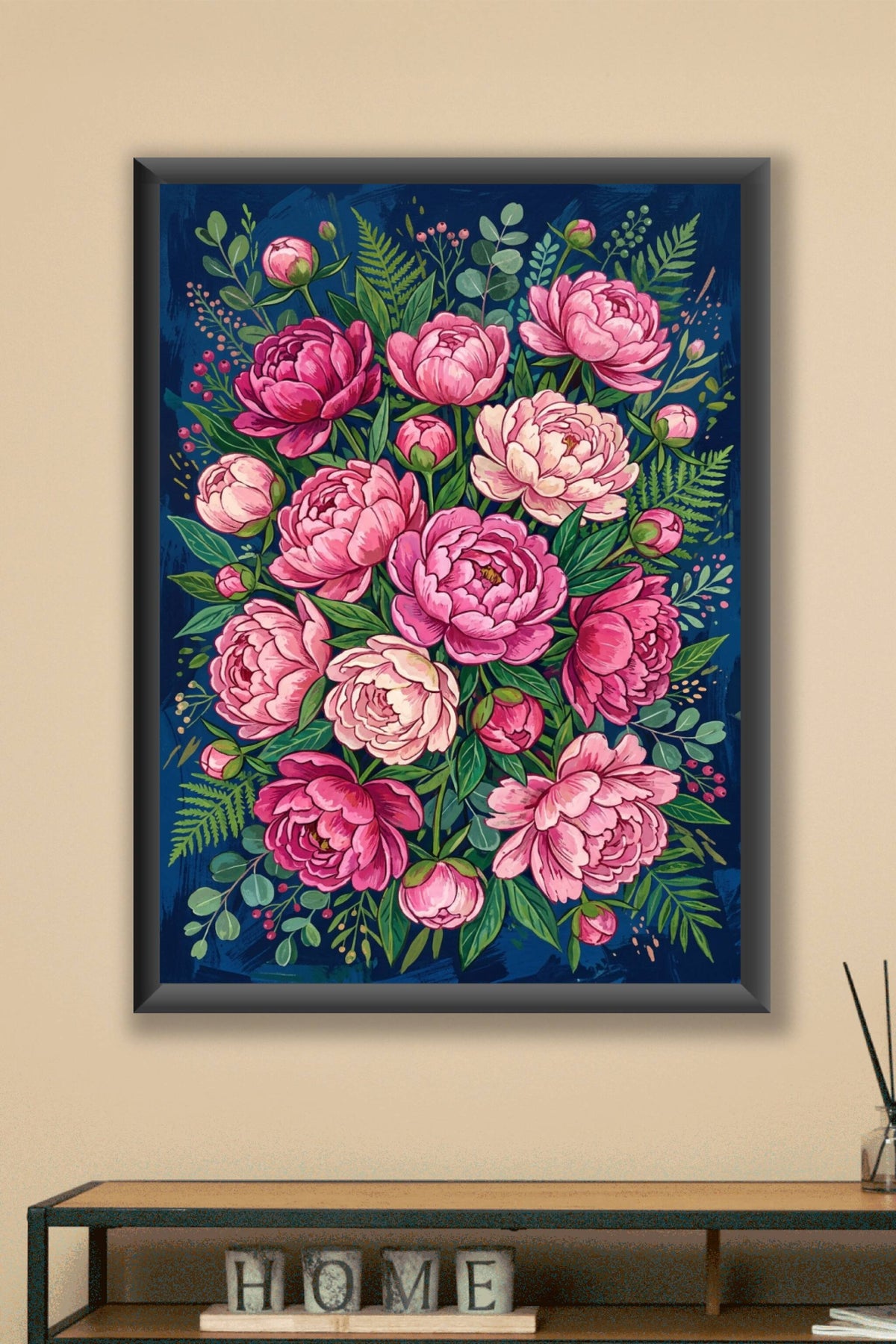 Affiche de pivoines roses, poster fond bleu marine