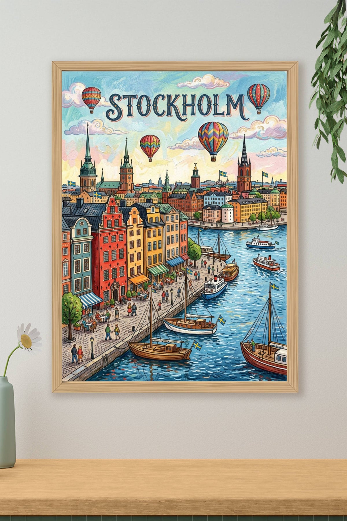 Poster de Stockholm, affiche ville et montgolfières