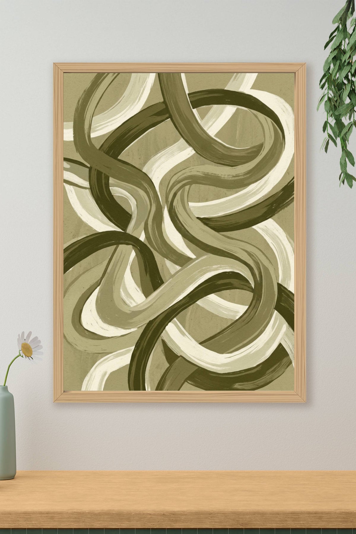 Poster Abstrait Olive, affiche courbes beiges