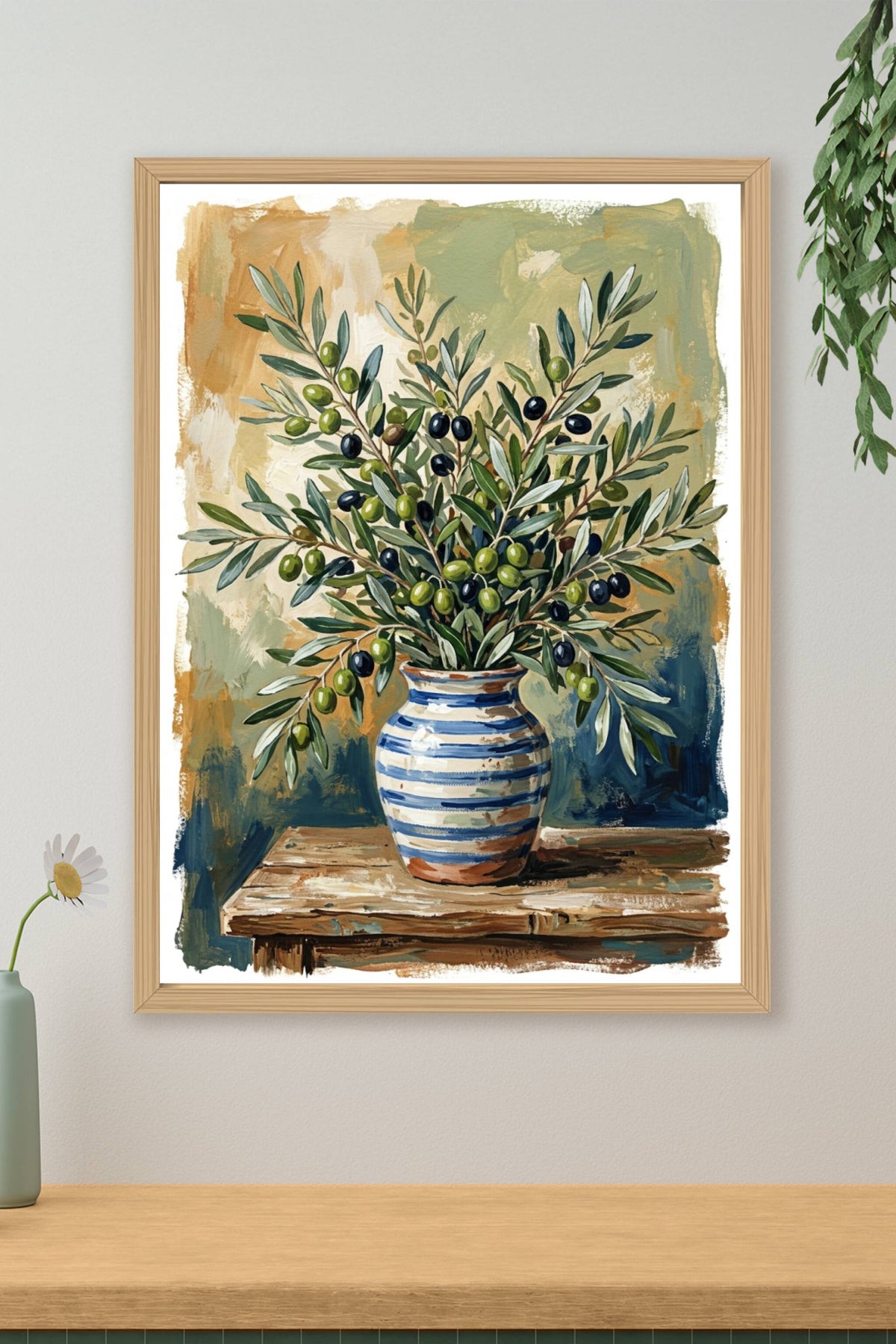 Poster Rameaux d'olivier, affiche vase rayé bleu