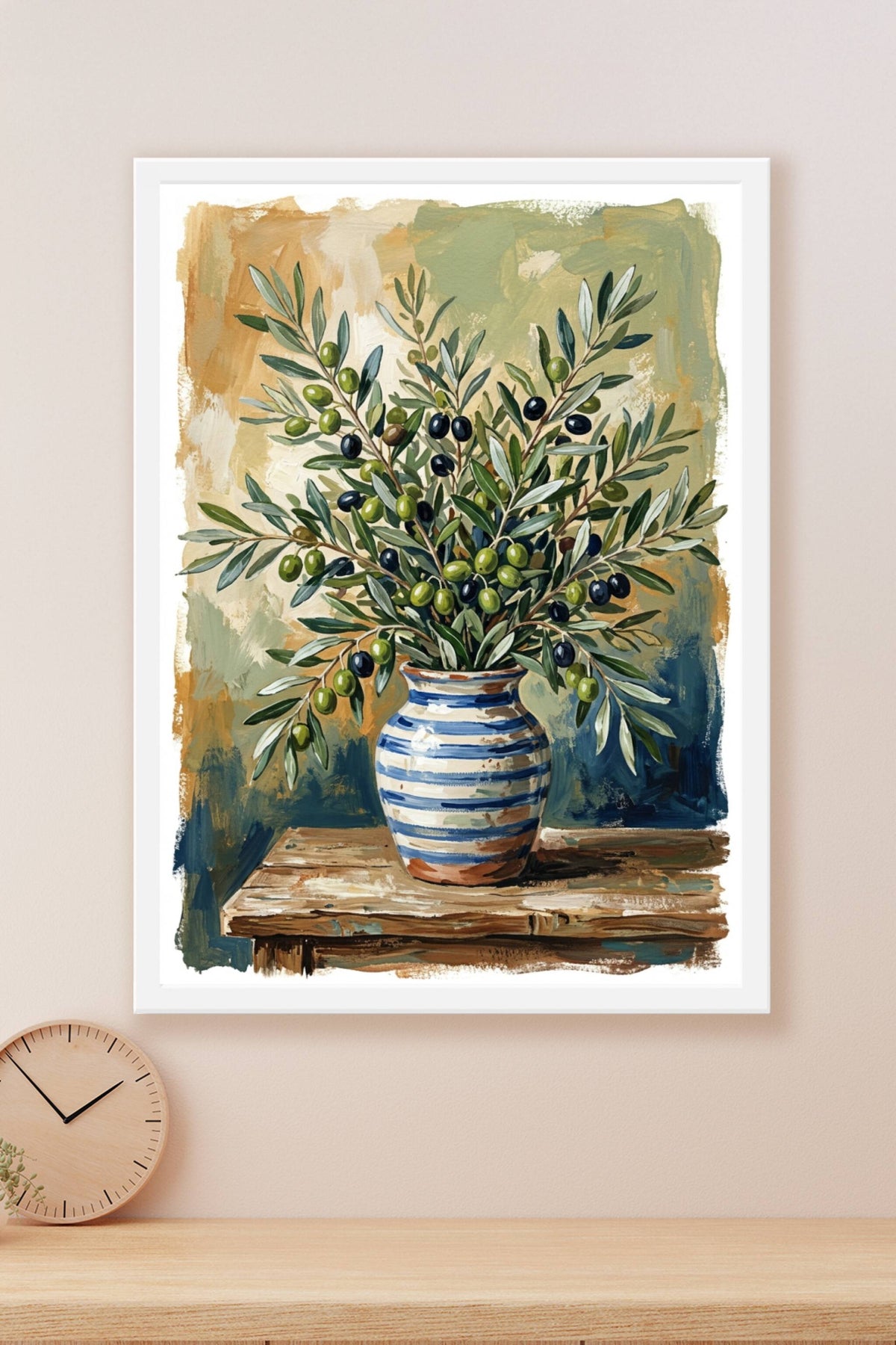 Poster Rameaux d'olivier, affiche vase rayé bleu