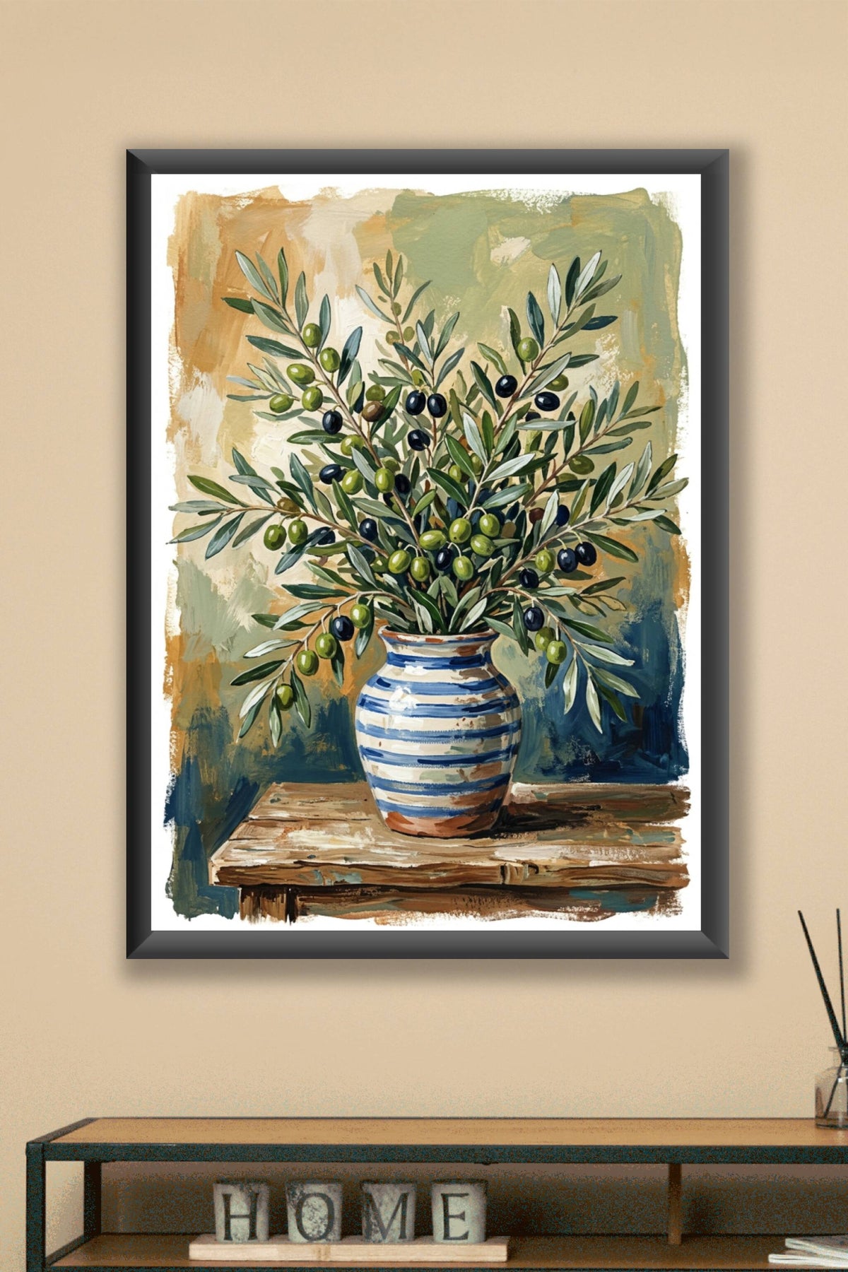 Poster Rameaux d'olivier, affiche vase rayé bleu