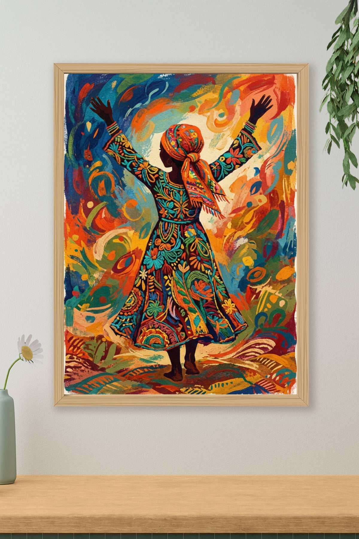Affiche femme en robe colorée, poster motifs floraux