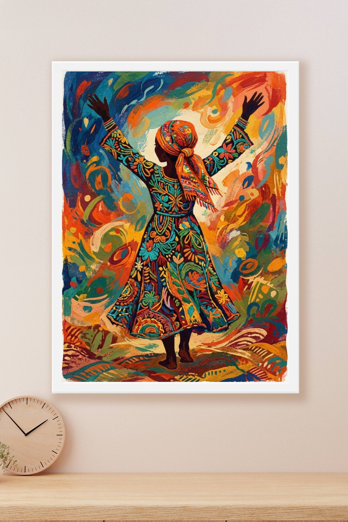 Affiche femme en robe colorée, poster motifs floraux