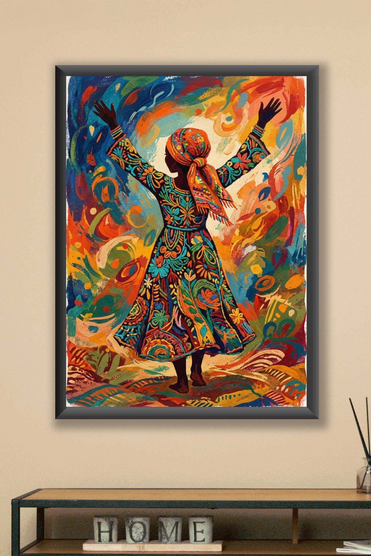 Affiche femme en robe colorée, poster motifs floraux
