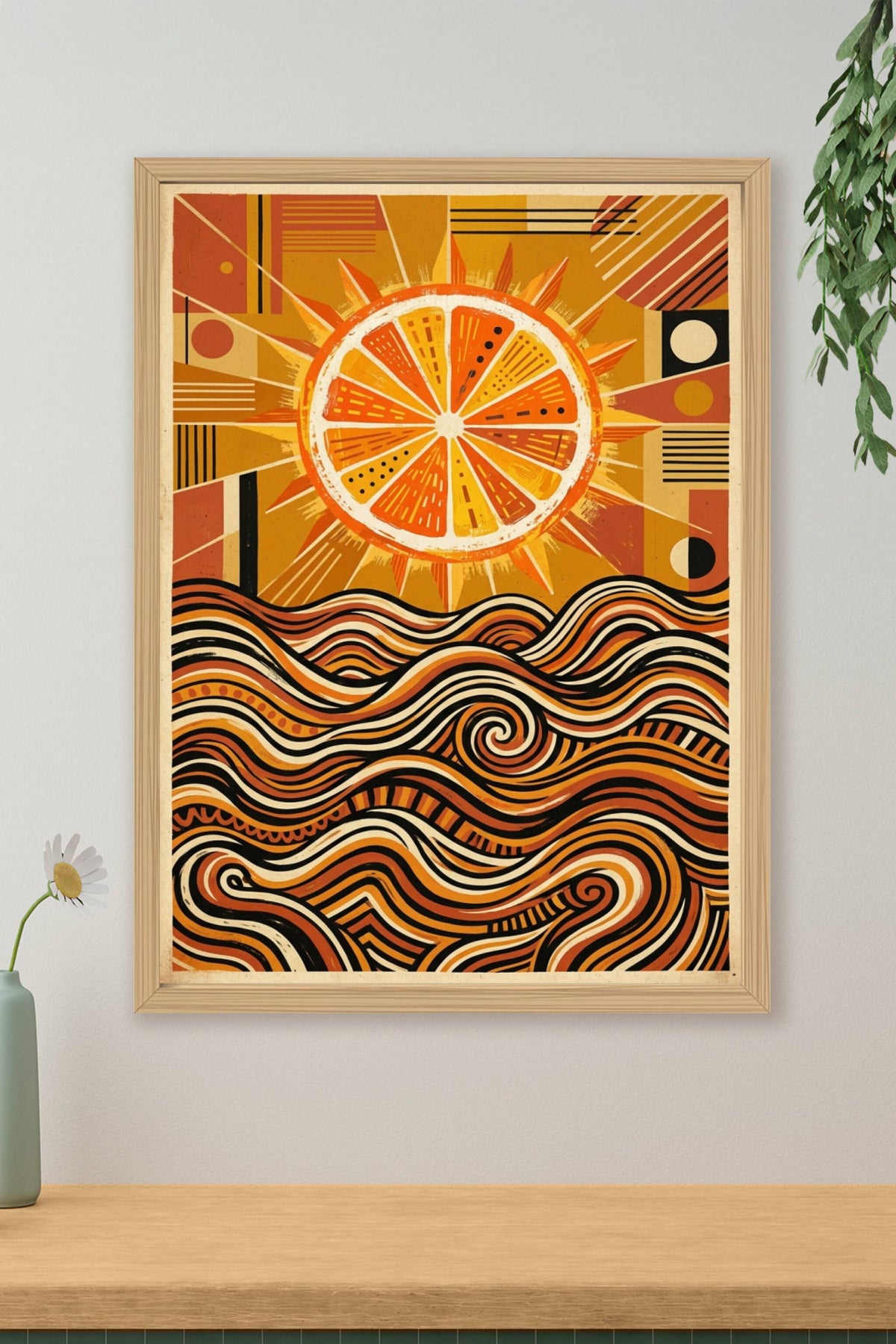 Poster Soleil orange abstrait, affiche vagues géométriques