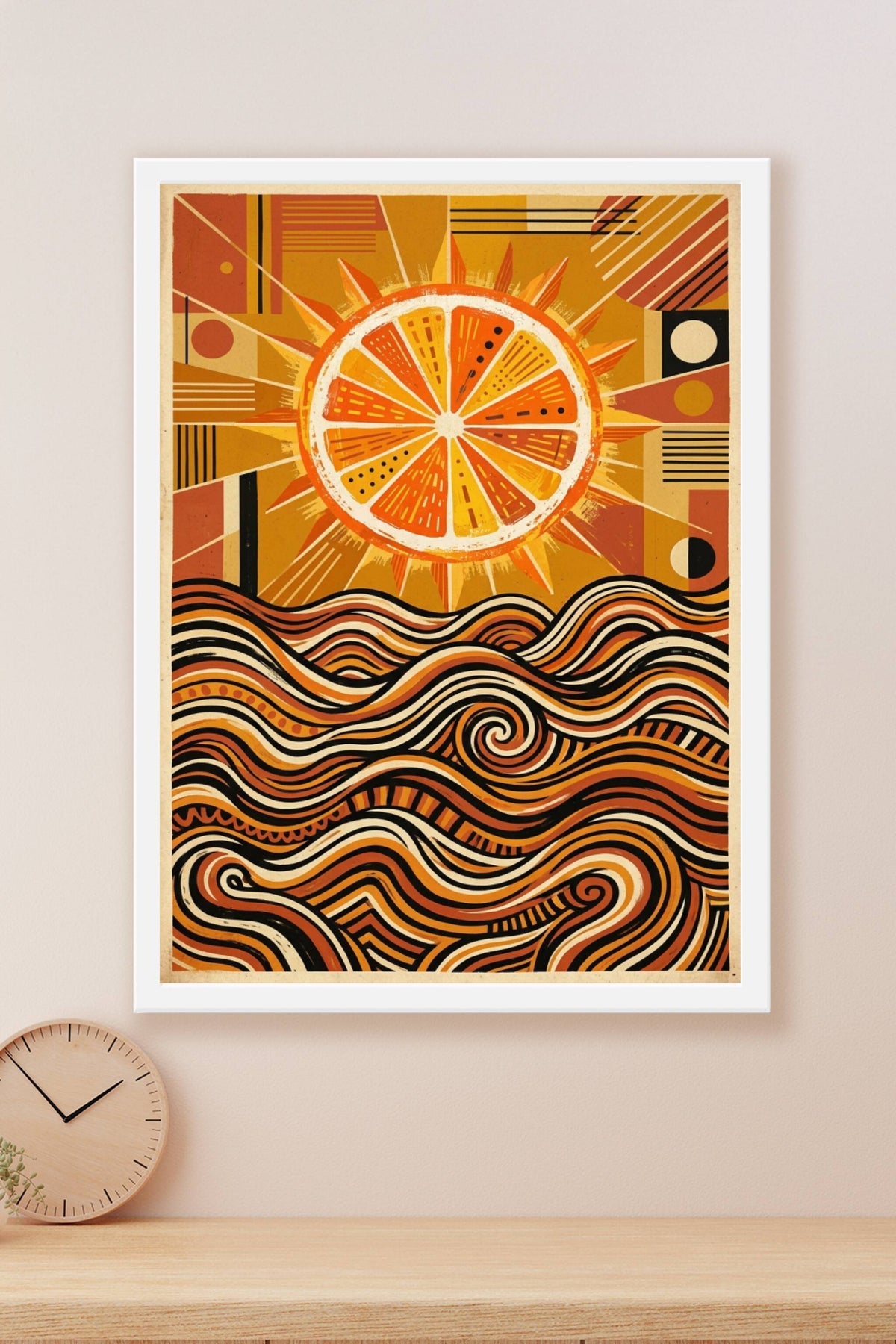 Poster Soleil orange abstrait, affiche vagues géométriques