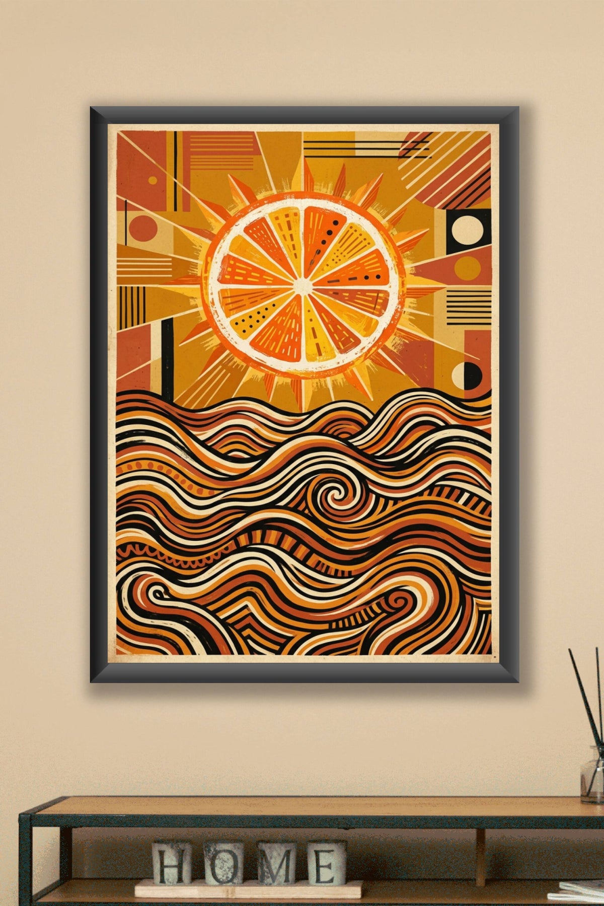 Poster Soleil orange abstrait, affiche vagues géométriques