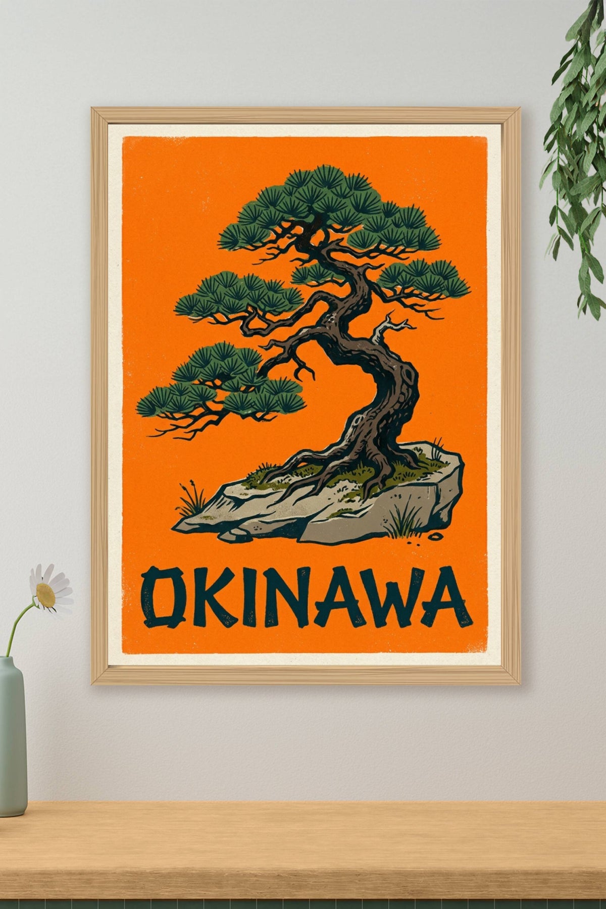 Poster d'Okinawa, affiche pin japonais sur rocher vif