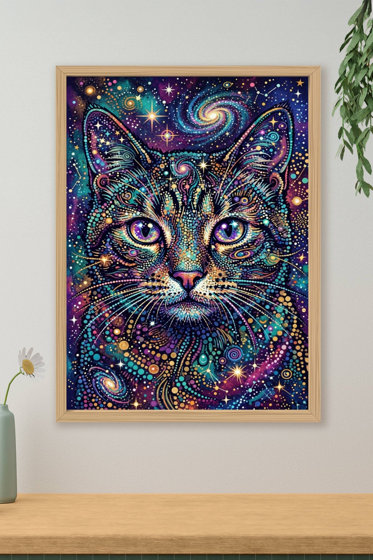 Poster Chat cosmique, affiche style pointilliste