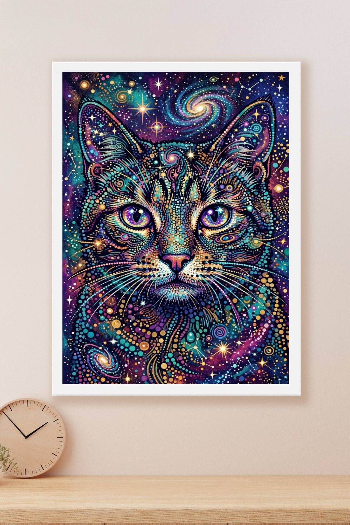 Poster Chat cosmique, affiche style pointilliste