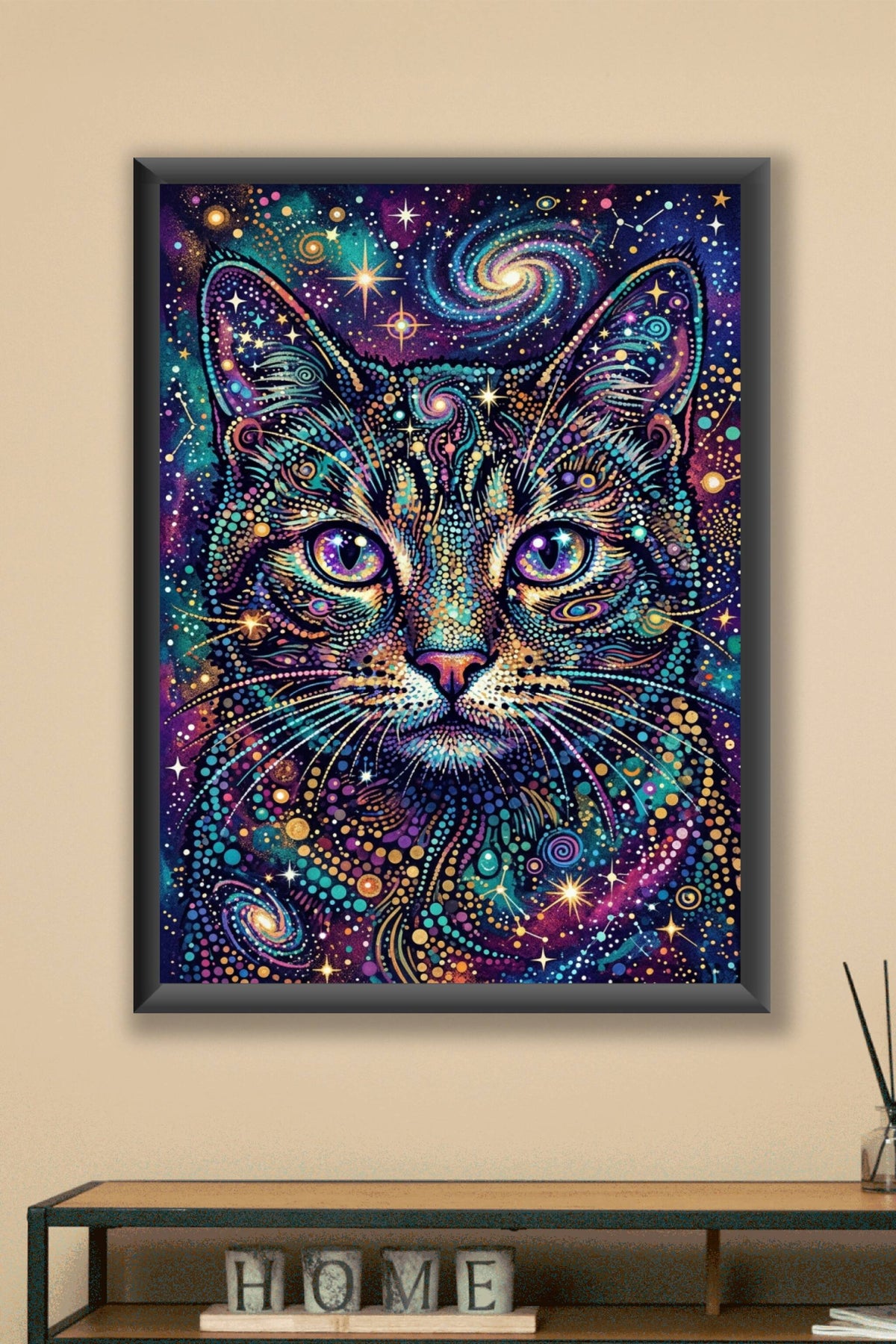 Poster Chat cosmique, affiche style pointilliste
