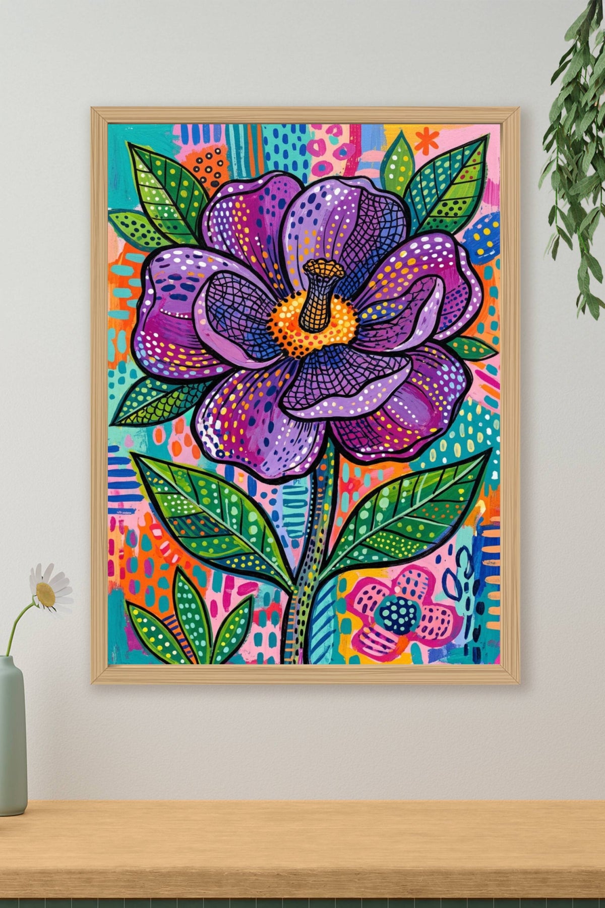 Affiche Fleur violette, poster motifs à pois colorés