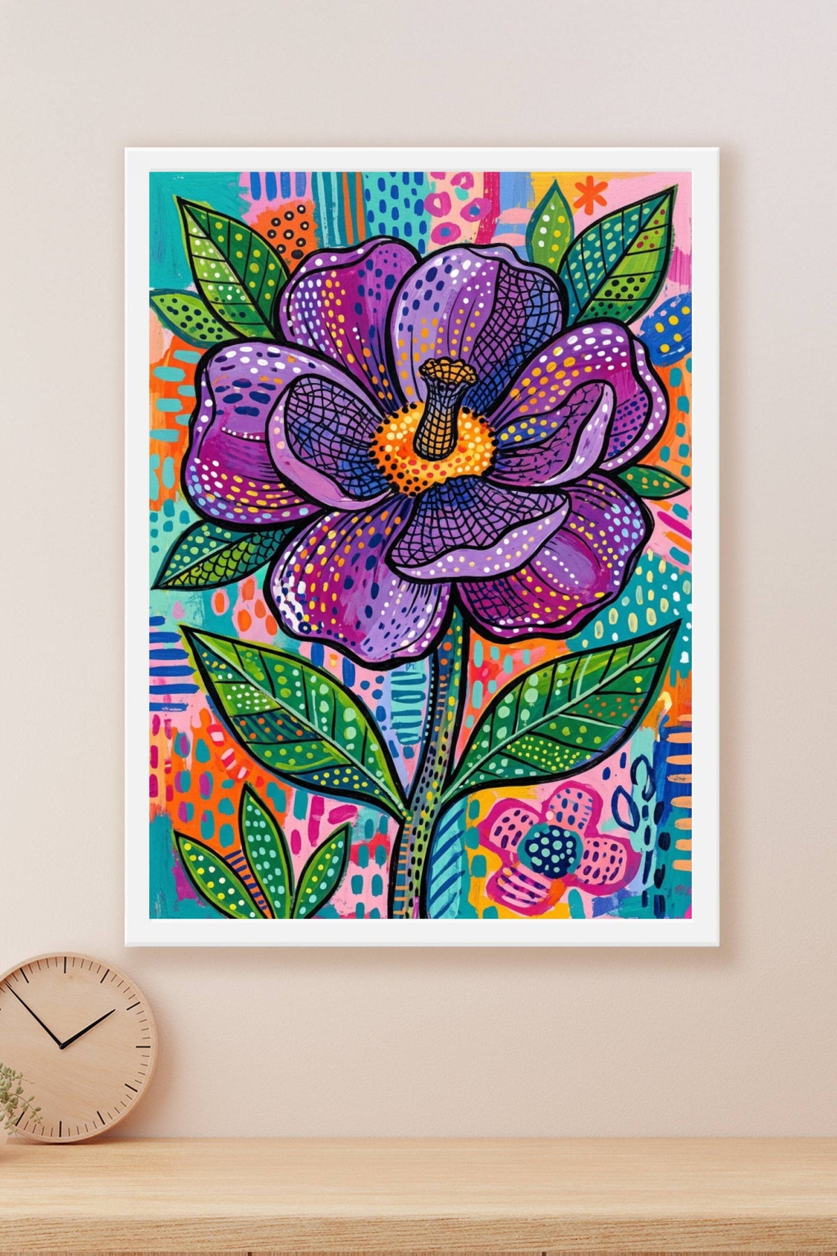 Affiche Fleur violette, poster motifs à pois colorés