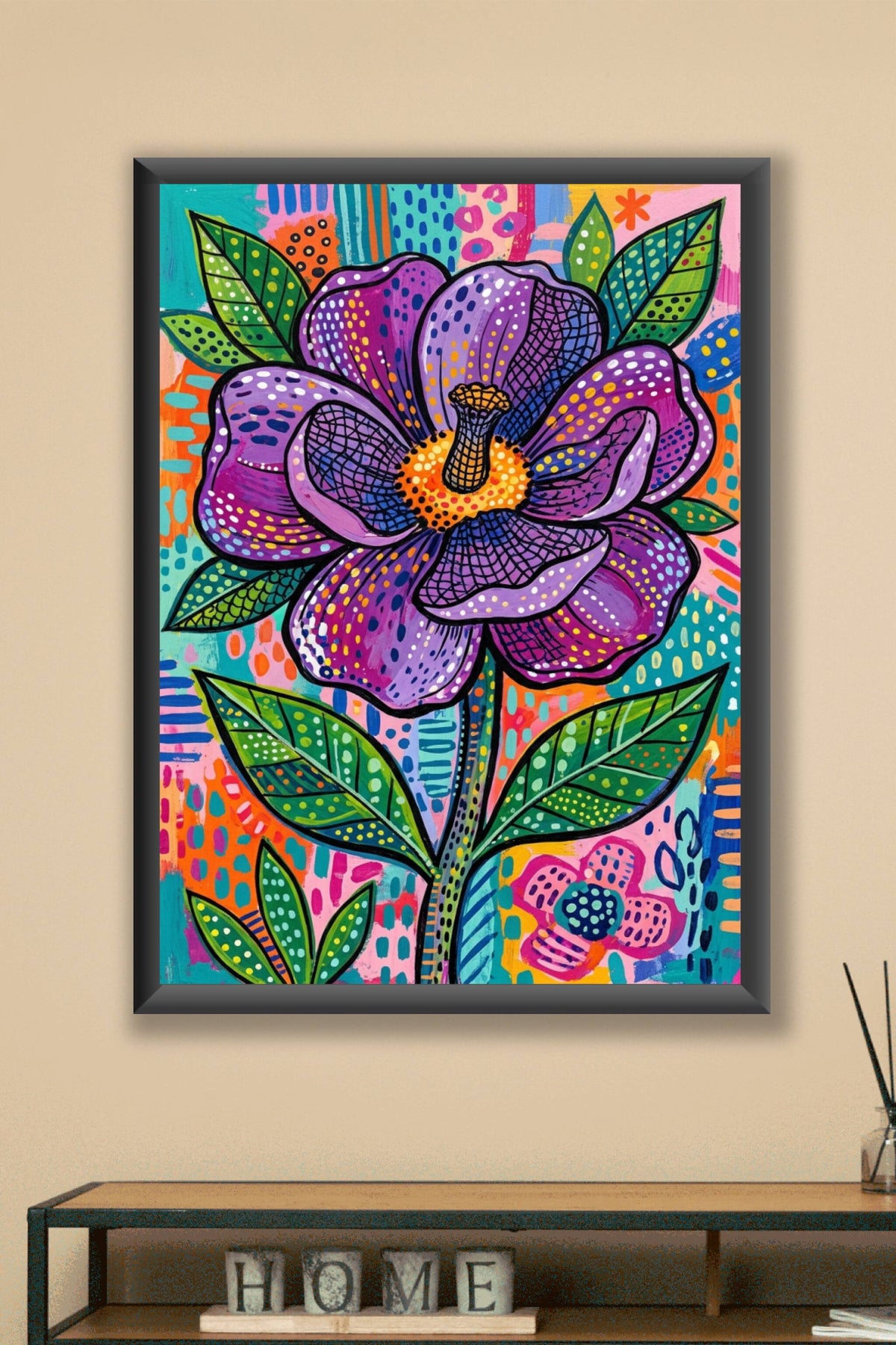 Affiche Fleur violette, poster motifs à pois colorés