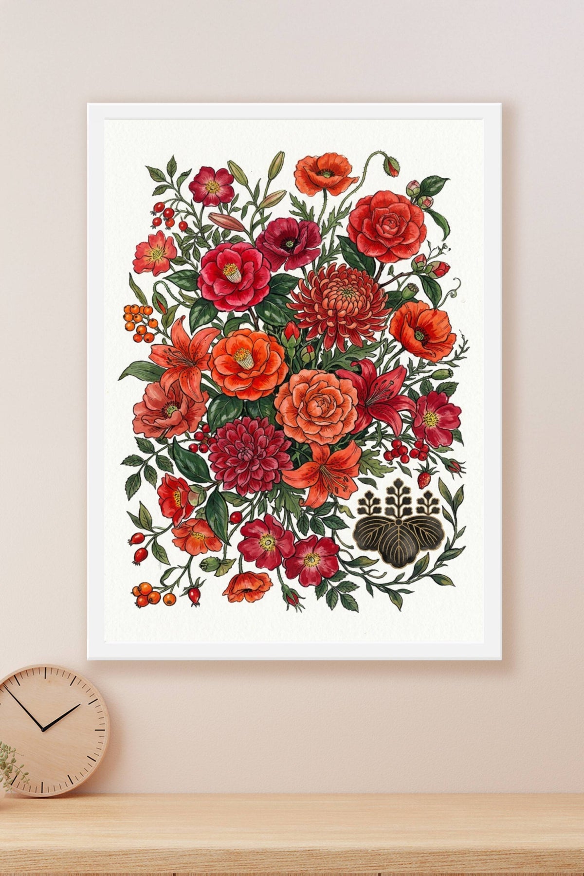 Affiche fleurs japonaises, poster tons rouges et orangés