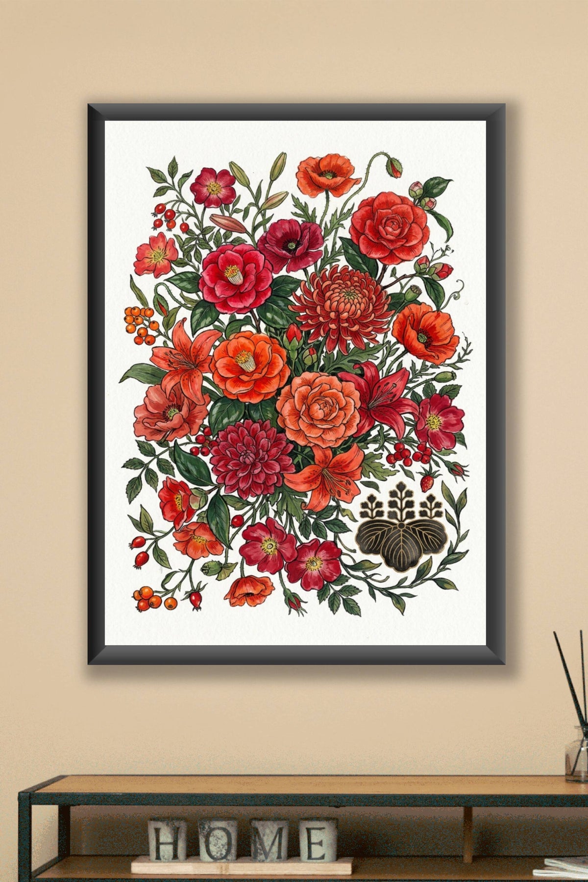 Affiche fleurs japonaises, poster tons rouges et orangés