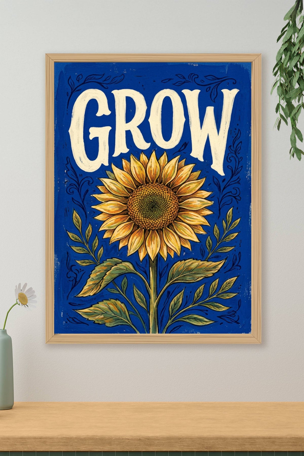 Affiche Tournesol, poster botanique vintage fond bleu