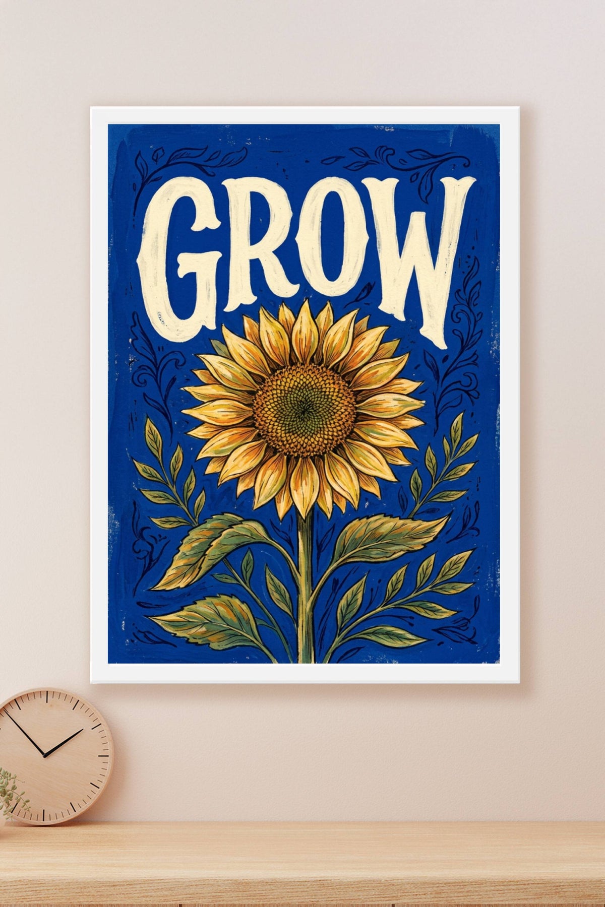 Affiche Tournesol, poster botanique vintage fond bleu