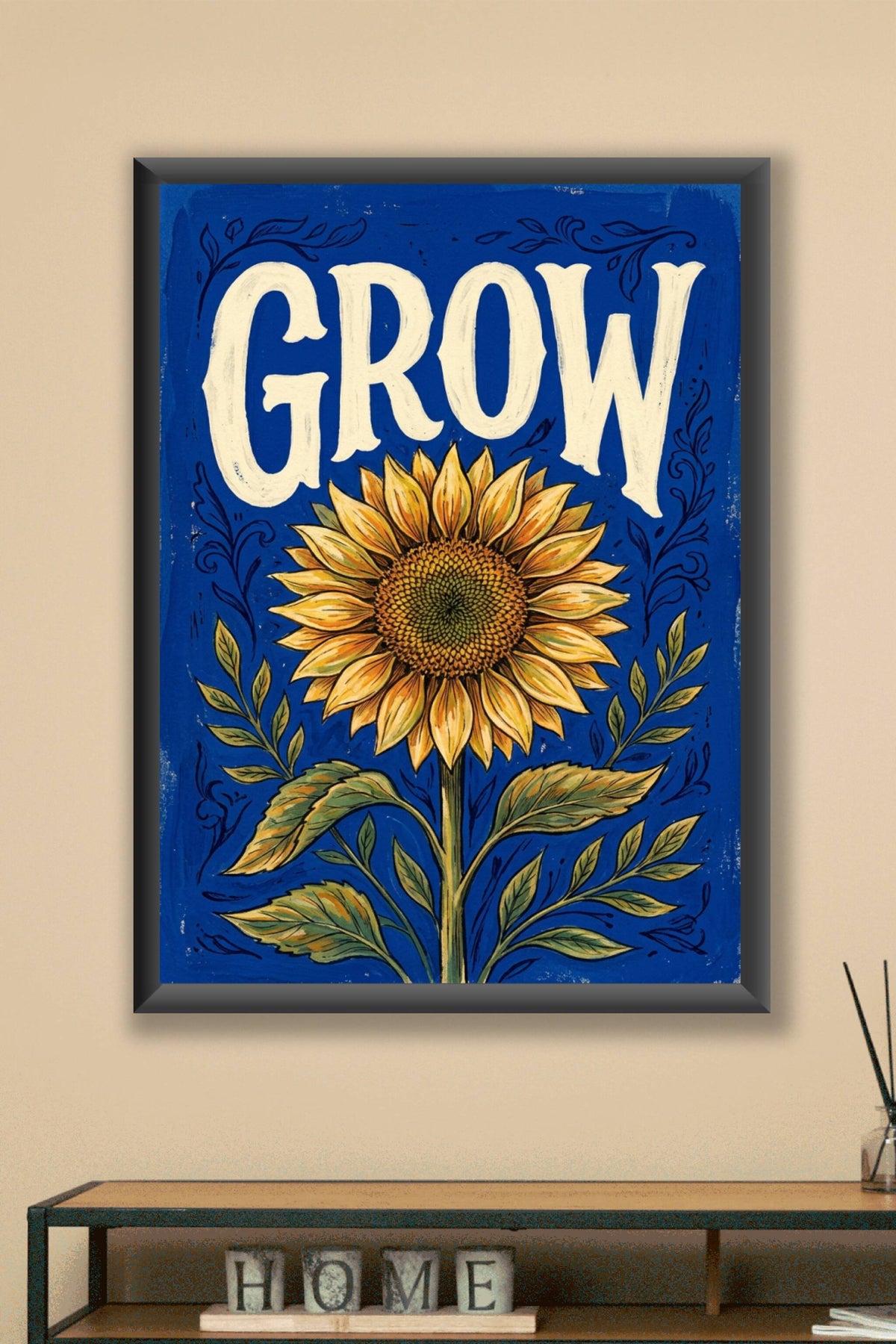 Affiche Tournesol, poster botanique vintage fond bleu