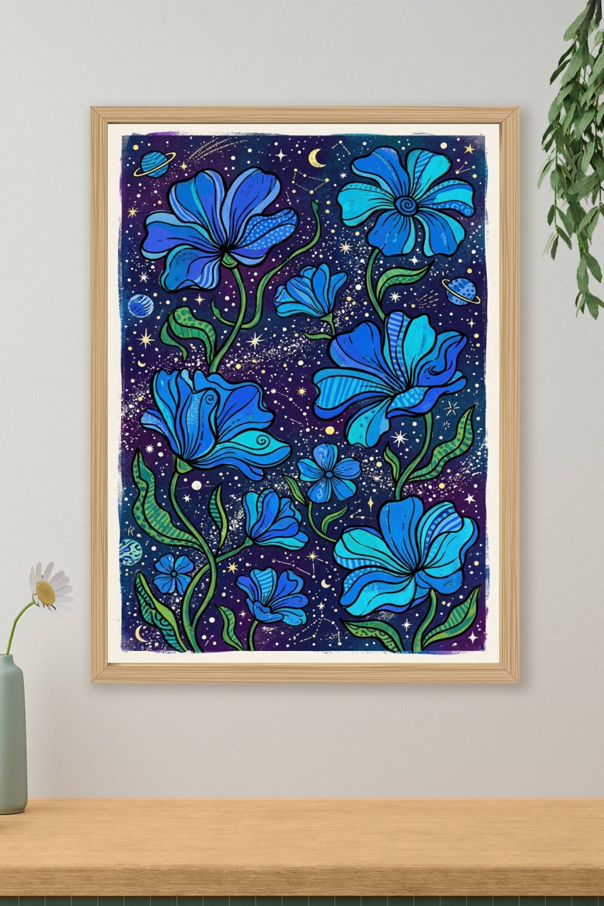 Poster Fleurs cosmiques, affiche ciel étoilé et planètes
