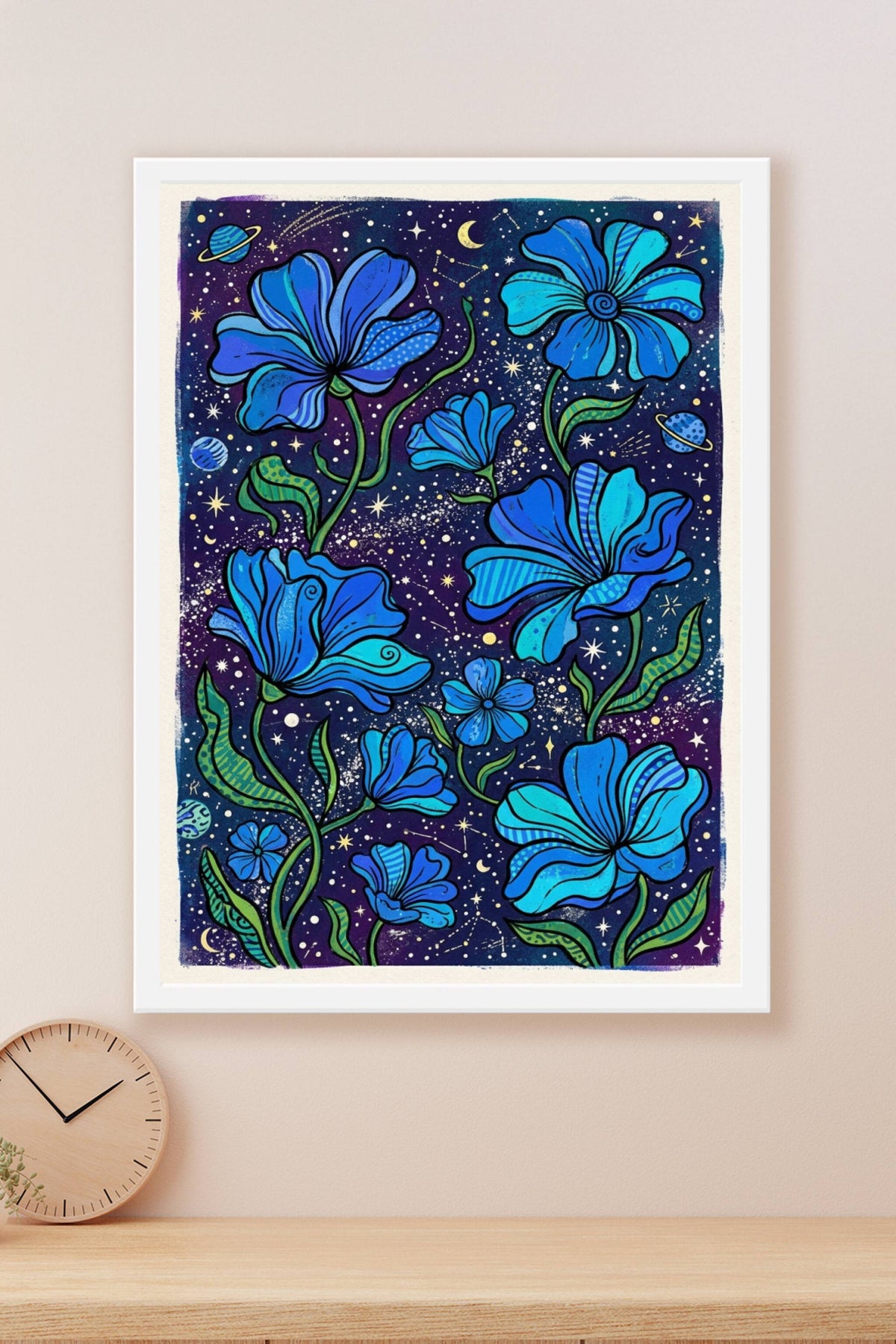 Poster Fleurs cosmiques, affiche ciel étoilé et planètes